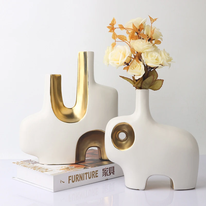 

Nordic Modern Creative Double-sided Ceramic Vase Light Luxury Hand-painted Electroplating Crafts Home Living Room Decorations
