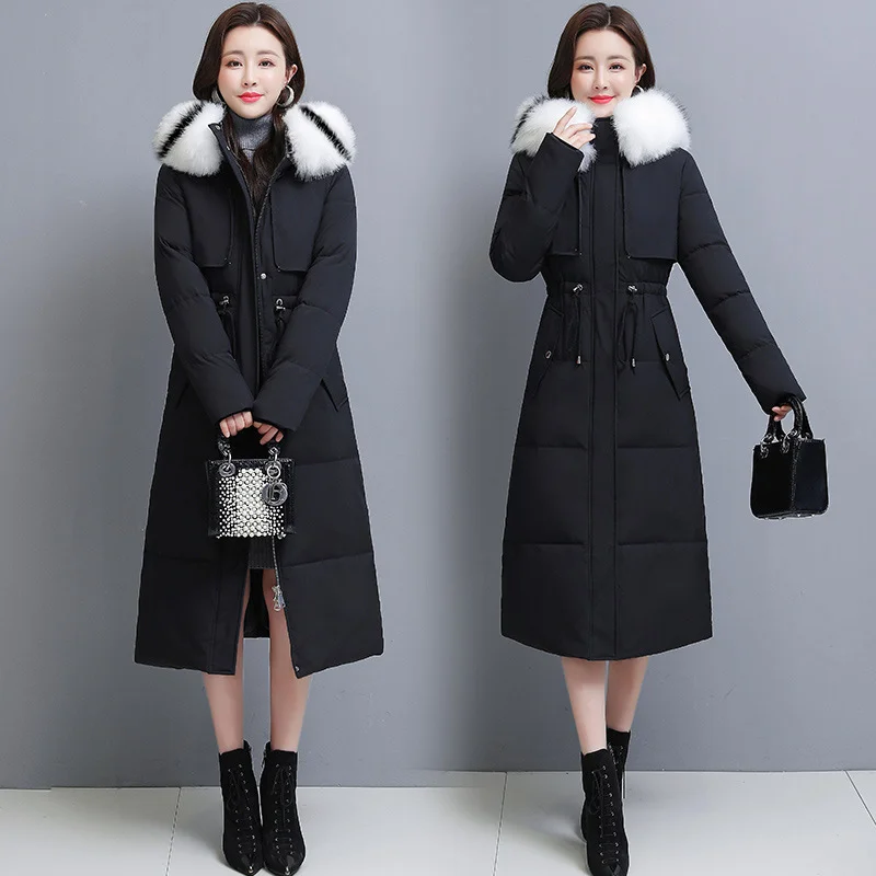 Новая высококачественная стеганая куртка выше колена с большим меховым