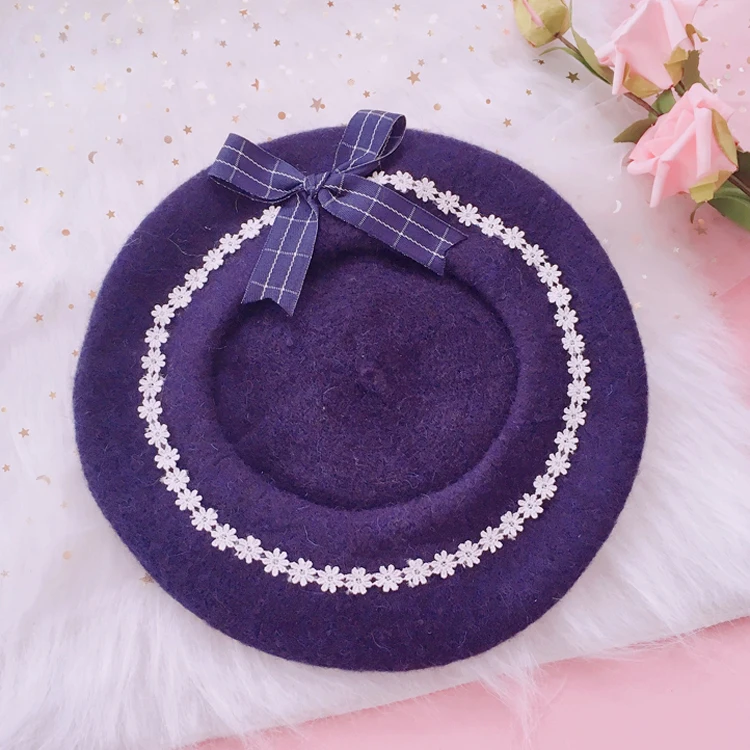 Navy blue Японский берет в стиле Лолиты для девочек; милый шерстяной Женский мягкий берет с бантом и ромашками - Цвет: Navy blue