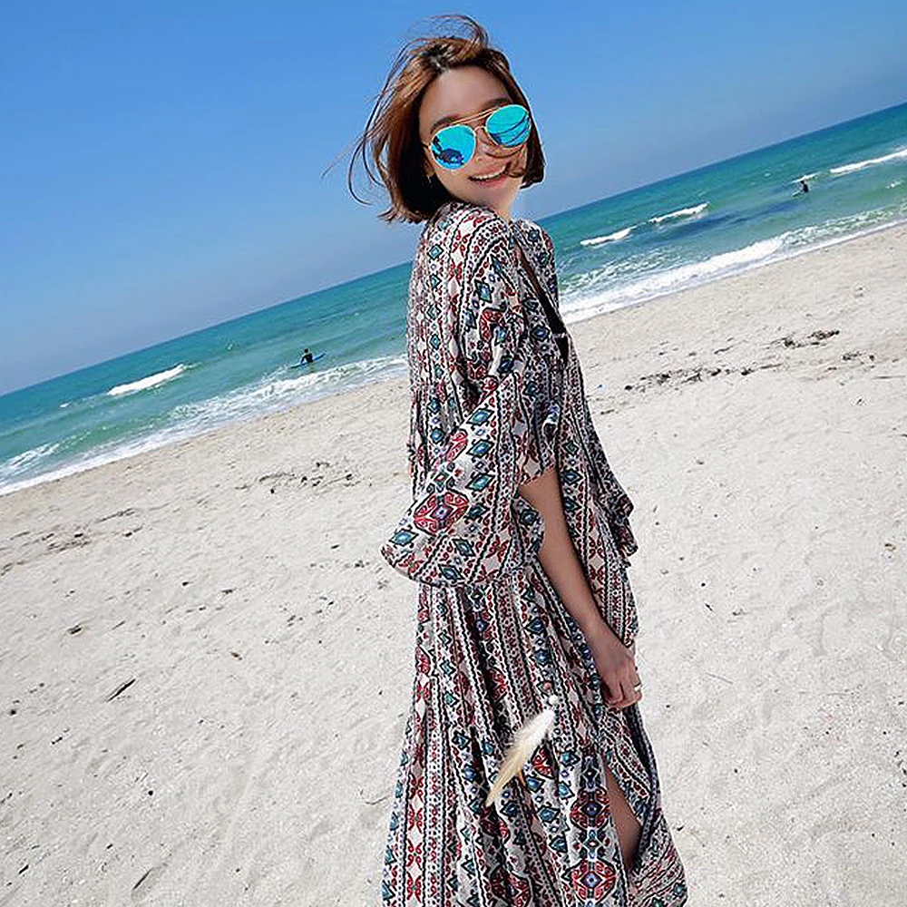 Женское пляжное платье-макси с глубоким V-образным вырезом и длинными