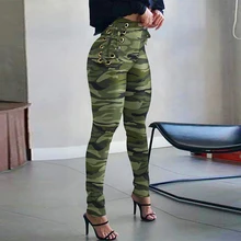 Women Fashion Slim Bodycon Office Trousers Sexy High Waist Spring Long Pants Spring New Camouflage Print Side Lace-up Pants 2022