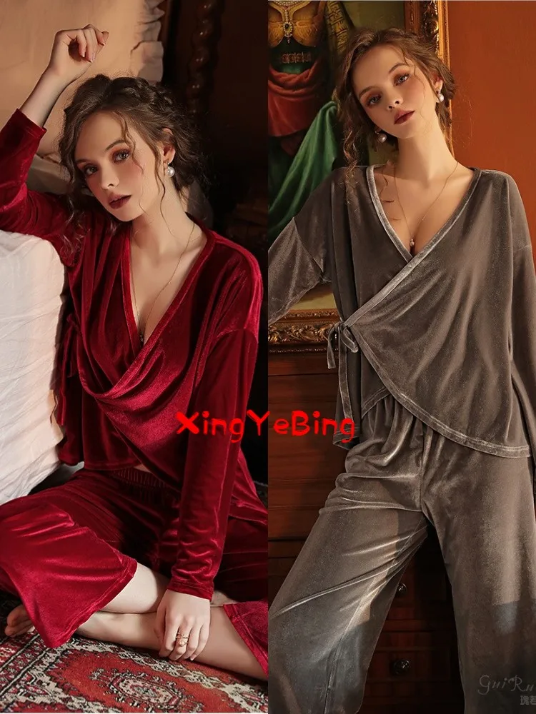

Spring And Autumn New European And American Velvet Pajamas Sexy Deep v Lace Long Sleeve Trousers Home Suit