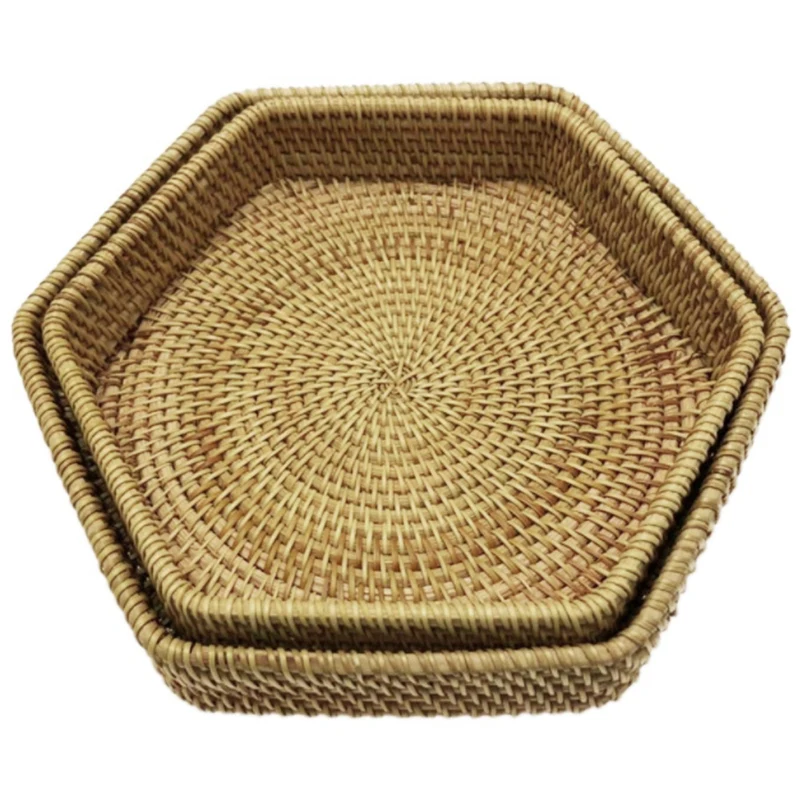 

Natural Environmental Protection Handmade Rattan Hexagonal Storage Basket Tea Tray Fruit Basket Snack Basket, 2PCS