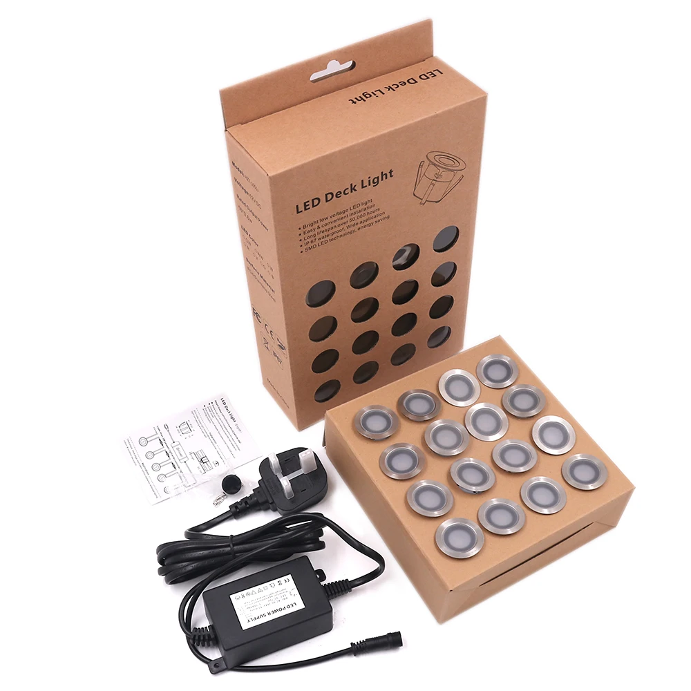 

16 Lights LED Deck Light 12V Underground Lamp Garden Stair Pathway Landscape Lighting Waterproof IP67 Spotlight with Power Plug