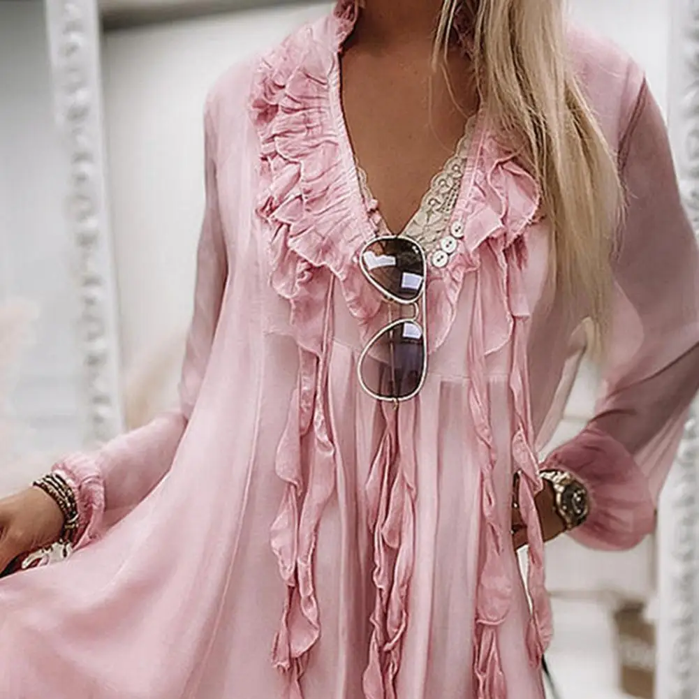

2021Stylish Party Dress Solid Color Skin-friendly Tassel Elegant V Neck Long Sleeve Chiffon Elegant Sundress Daily Wear Sundress