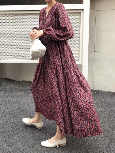 Корейское длинное женское платье с длинным рукавом и v образным вырезом