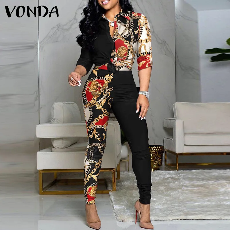 

Office Ladies Sets Elegant Printed Lapel Collar Party Tops With Trousers 2022 VONDA Women Pencil Pants Pantalon Femme Oversized