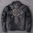 Мужская кожаная куртка, черная винтажная мотоциклетная куртка из 100% натуральной воловьей кожи, осеннее пальто, бесплатная доставка