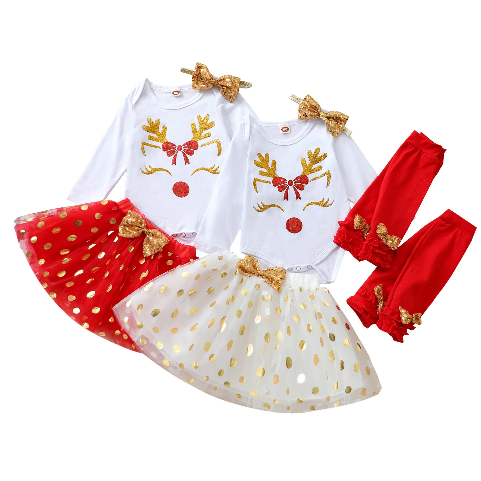 

2021 Infant Toddler Baby's Christmas Outfits Reindeer Long Sleeves Romper Tutu Skirt Leg Warmer Headband For Newborn Baby