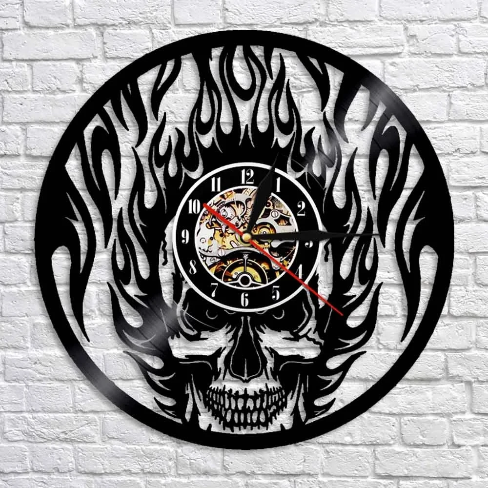 

Flaming Skull Wall Clock Skull Head On Fire Wall Art Vinyl Record Wall Clock Fire Burning Skeleton Halloween Decorative Clock