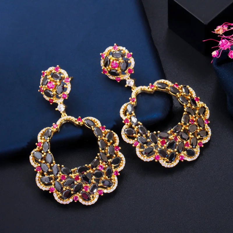 CWWZircons Luxury Designer Big Long Flower Drop Red Black Cubic Zirconia Stone Earring Yellow Gold Party Jewelry for Women CZ687 | Украшения
