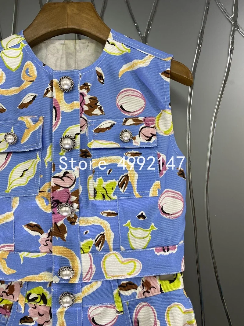 2021 summer women print blue skirt set pearl button o-neck sleeveless single breasted top + mini pencil skirt 2 pieces set y620