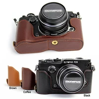 genuine real leather protect half case grip for olympus pen f digital camera