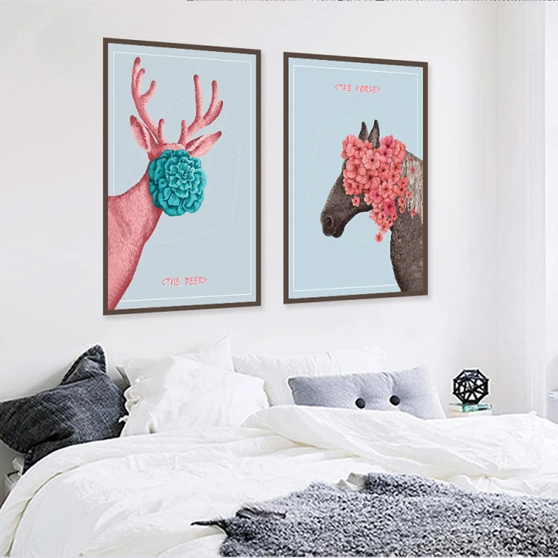 

Flowers Feathers Animals Abstract Canvas Painting Art Print Poster Picture Deer Horse Wall Art for Child Kids Room Decor 2-98