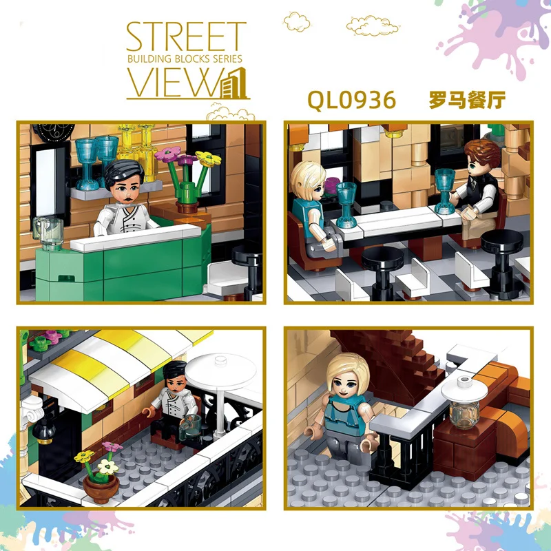 

QL0936 City Buildings Rome Restaurant Architecture Building Blocks City Street View Corner Shop House Model Bricks Kid Toy Gifts