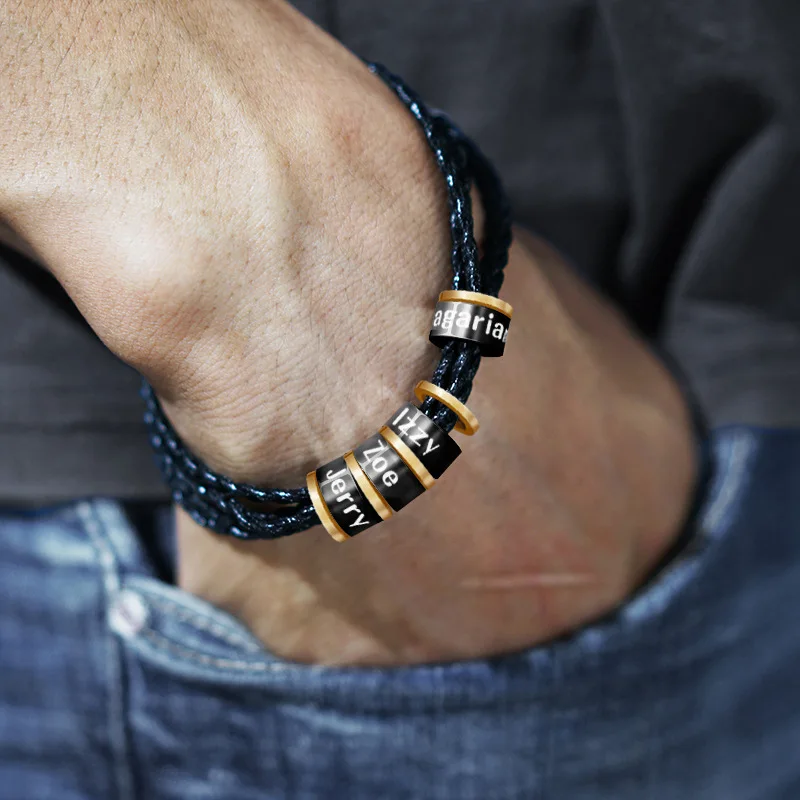 

Personalized Mens Black Braided Leather Bracelets with 1-7 Names Engraved in Custom Beads Custom ID Bracelet gift for Dad