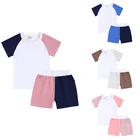 2021, летние шорты для мальчиков и девочек, комплекты для детей хлопковая Цвет контрастные Детские костюмы мода, футболка с короткими рукавами + шорты комплект одежды из 2 предметов, спортивные комплекты