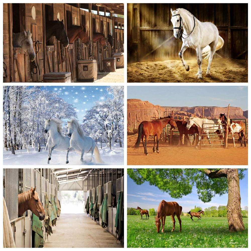 Виниловый фон для фотосъемки с изображением фермы сарая лошади ковбоя зимнего