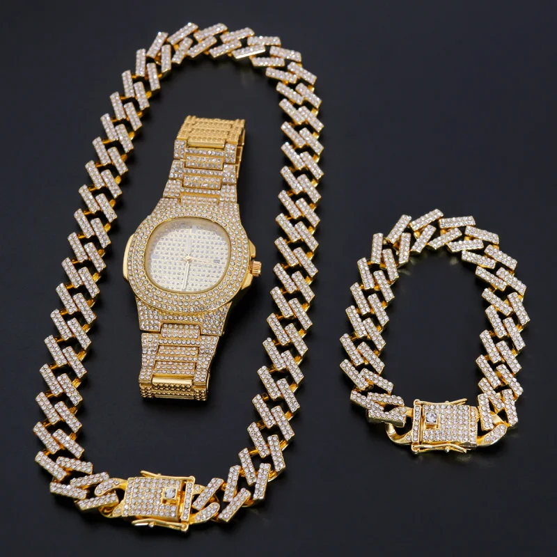 

Watch+Necklace+Bracelet Set Hip Hop Miami Curb Cuban Chain Gold Color Iced Out Paved Rhinestones CZ Bling Jewelry For Men 19MM