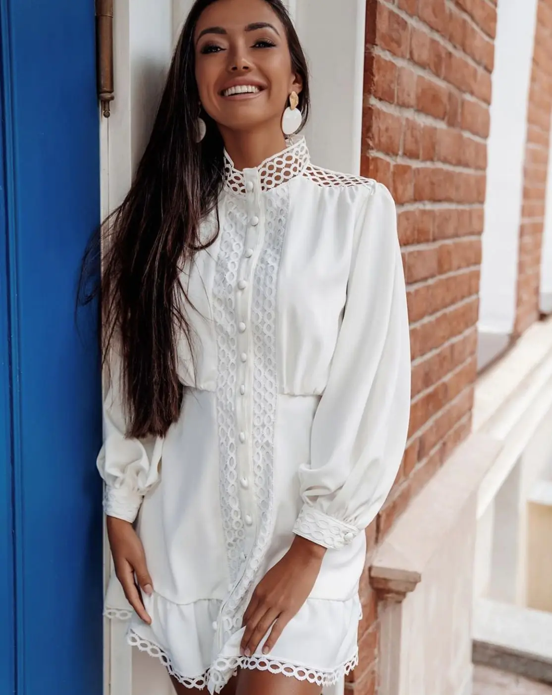 Женское ажурное платье Русалка KALENMOS белое Повседневное для работы с длинными