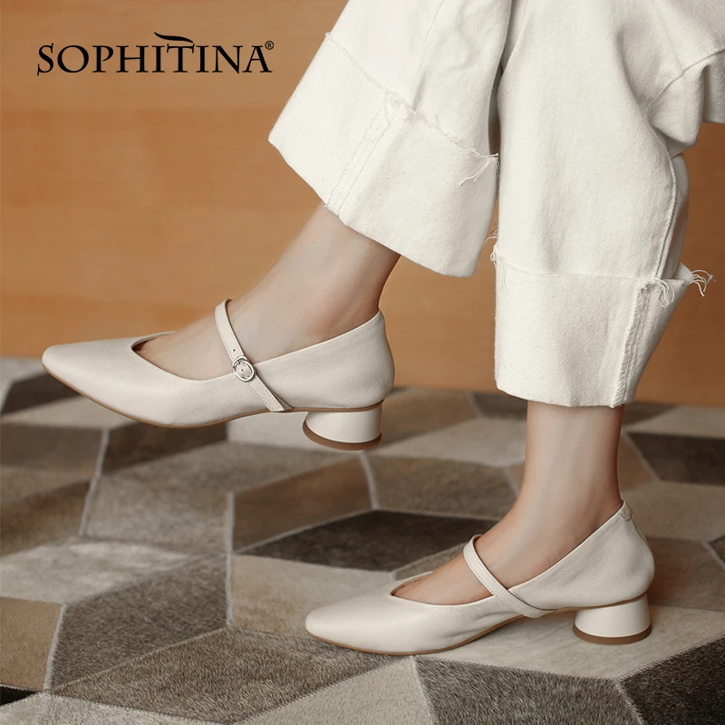 

SOPHITINA Spring Female Pumps Daily All-match Leather Buckle Shallow Mouth Shoes Round Low-heel Comfortable Women's Shoes AO581