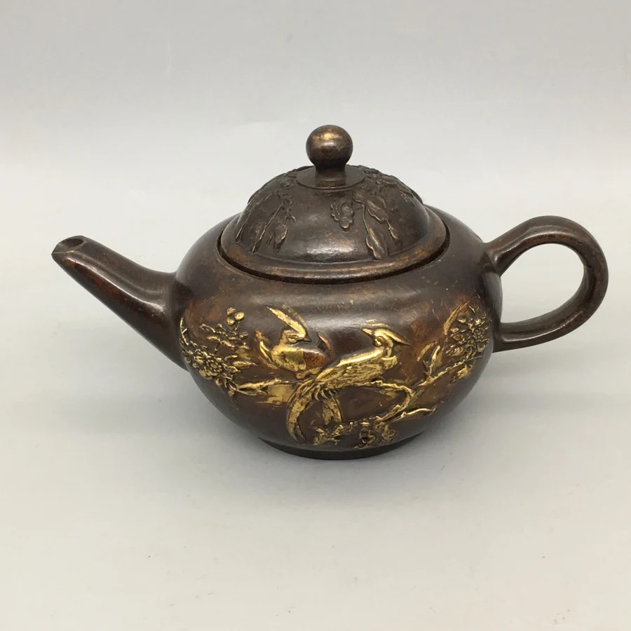 

Chinese old Bronze Gilt 2 Bird teapot Antique collection pot 14*8cm