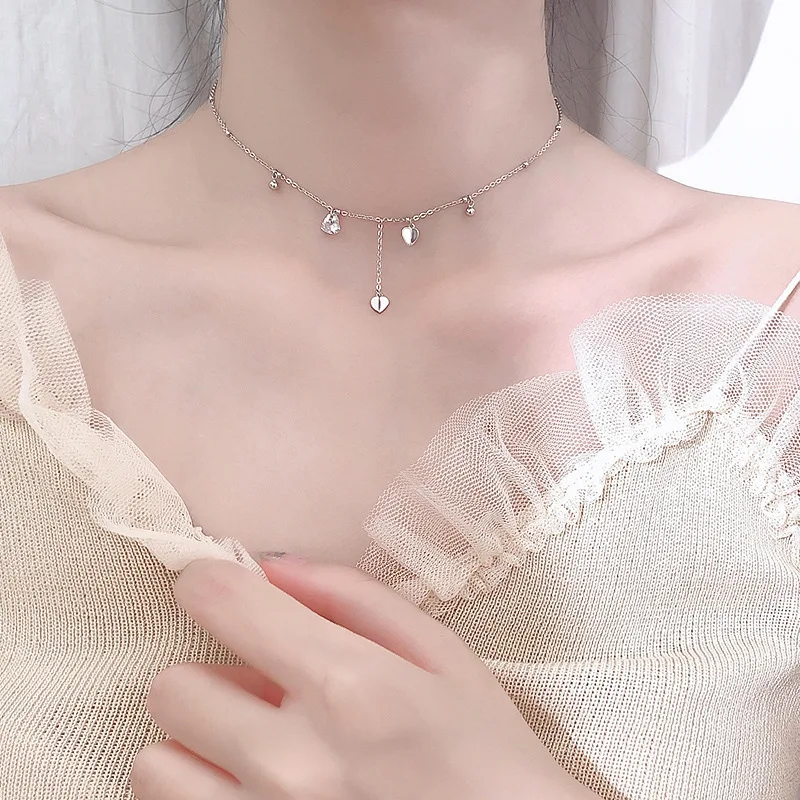

925 Sterling Silver Crystal Tassel Heart Bead Charm Necklaces & Pendants For Women Wedding Engagement Jewelry Chokers dz864