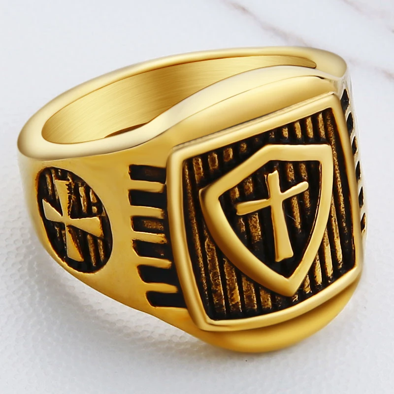 Valily Ретро властительный щит рыцарь крест кольцо золотой мужской из нержавеющей