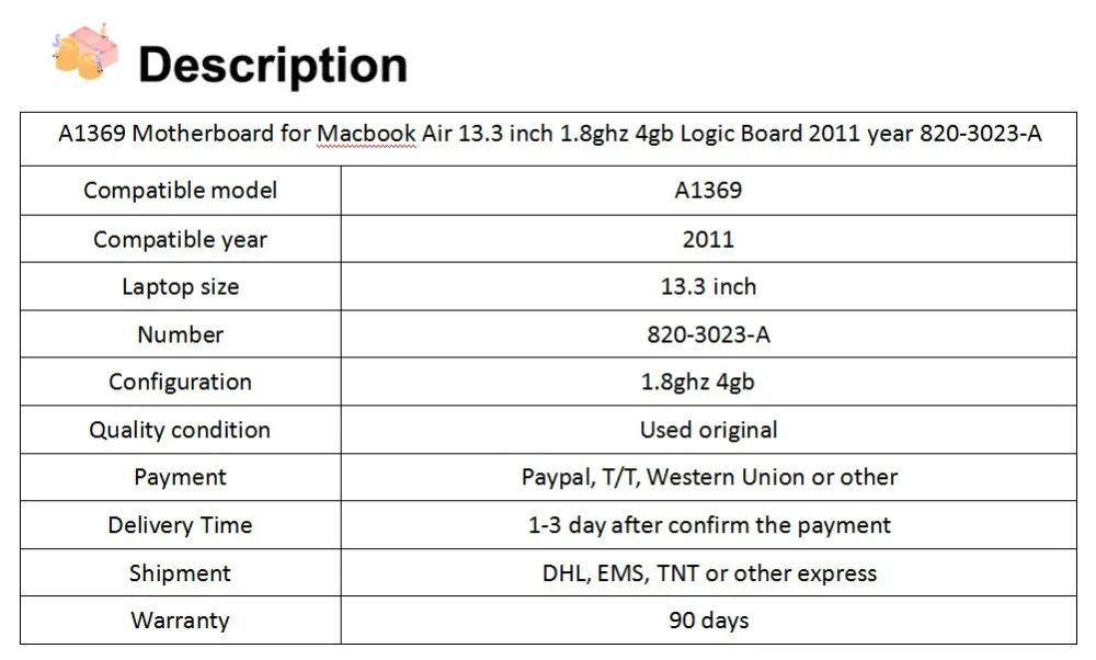 A1369 материнская плата для Macbook Air 13,3 дюймов 1,8 ГГц 4 Гб логическая плата 2011 год 820-3023-A