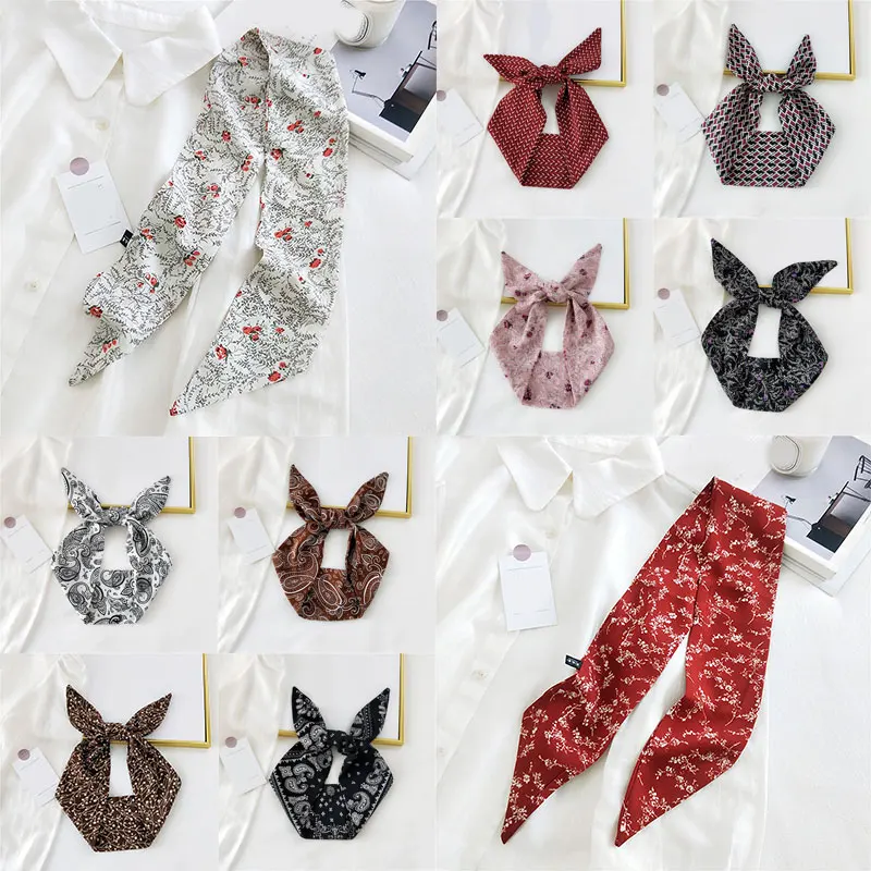 

Satin Silk Small Scarf Narrow Long Scarf Bow Hair Tie Accessories Floral Print Bag Ribbon Headband Choker Ribbon Thin Scarves