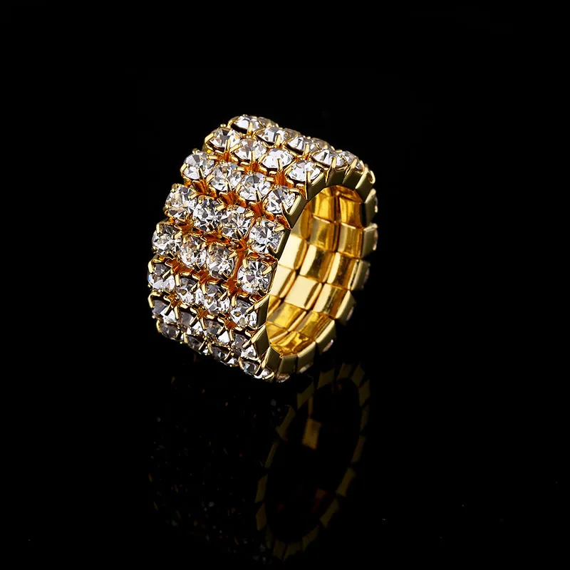 4 row gold ring 1-5 рядов золотого цвета кольца для невесты обручальные кольца Кристалл Стразы стрейч кольца для женщин - Цвет основного камня: 4 row gold ring