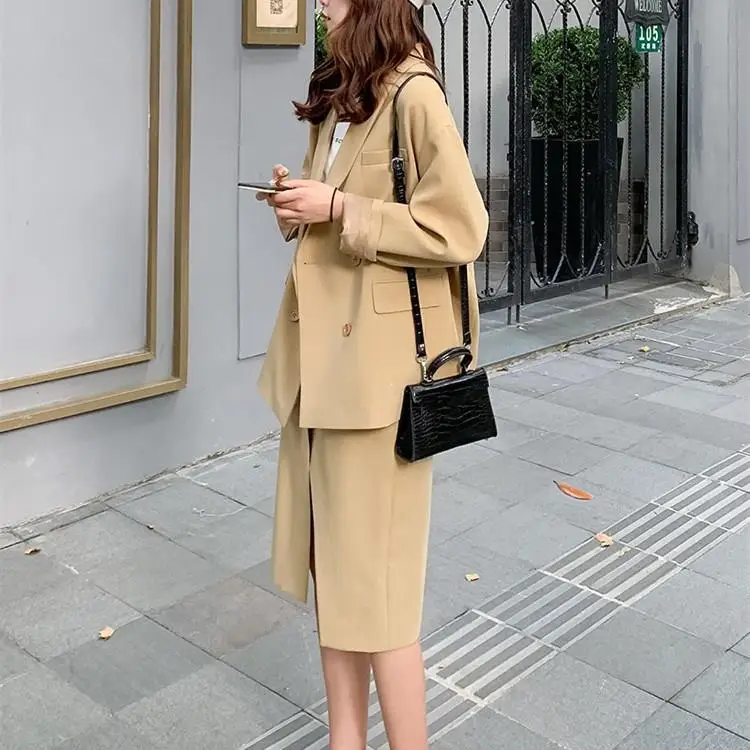 Элегантный отложной воротник куртка Высокая талия юбка костюм Женский Длинный