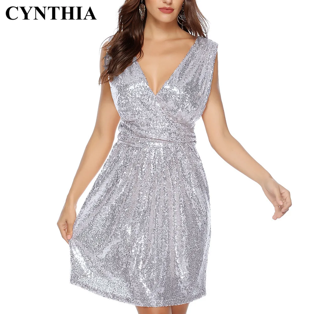 

New Style Spring Evening Dress Sequin V Sleeve Sleeveless Mid-length Dress Sequin Small Dress Elegant Fashion 8-5