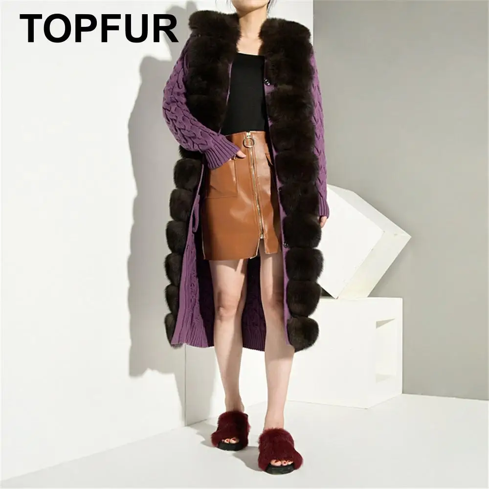 

TOPFUR Fashion Purple Knitted Coat With Belt Dark Brown Fur Natural Fox Fur Knitted Coat With Fur Collar Real Fox Fur Coat