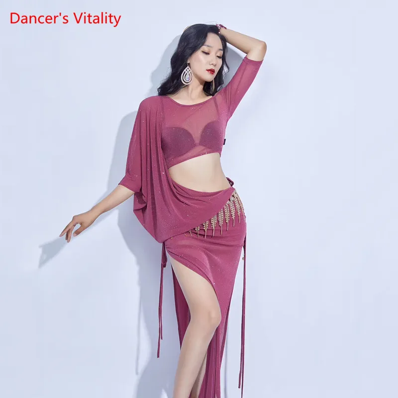 

Belly Dance Woman Elegant Top Practice Clothes Set Female Adult Temperament Tulle Long Skirt Suit Professional Clothing