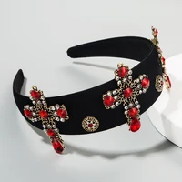european american retro baroque alloy cross red rhinestone headband fabric wide brimmed personality creative headbands for women