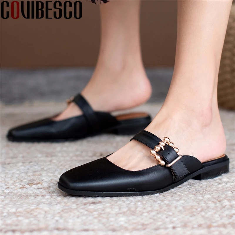 

COVIBESCO Retro Concise Women Sandals Spring Summer Square Toe Mules Low Heels Genuine Leather Buckle Slippers New Shoes Woman