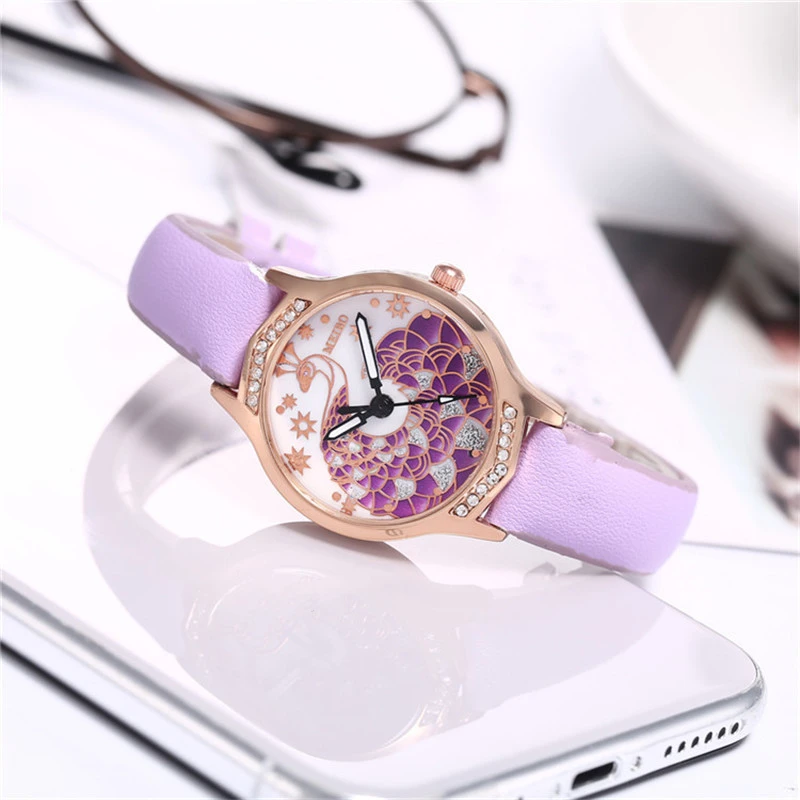 Изысканные женские часы кожа кварцевые креативный алмаз павлин узор