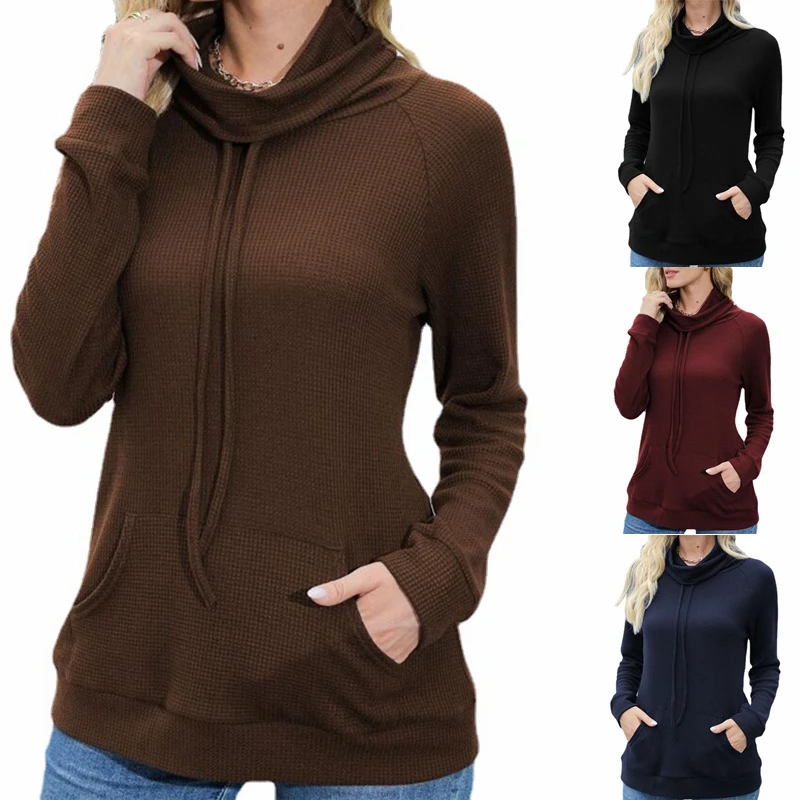 

New Autumn Women's Pullover hoodies Solid Long Sleeve Waffle Turtleneck Top Casual Pocket Warm Knitwear