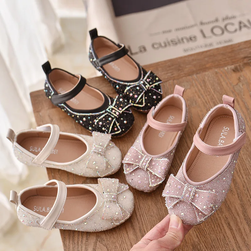 

Girls Crystal Shoes Children Flats Kids Dress Shoes Bling Glitter Leather Shoes for Wedding Party Princess Sweet Bow-knot Spring