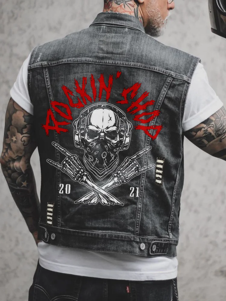 

Mens Punk Denim Vests Black Skull Letter Print Denim Waistcoat Fashion Jeans Sleeveless Jacket Male locomotive Short Vest Top
