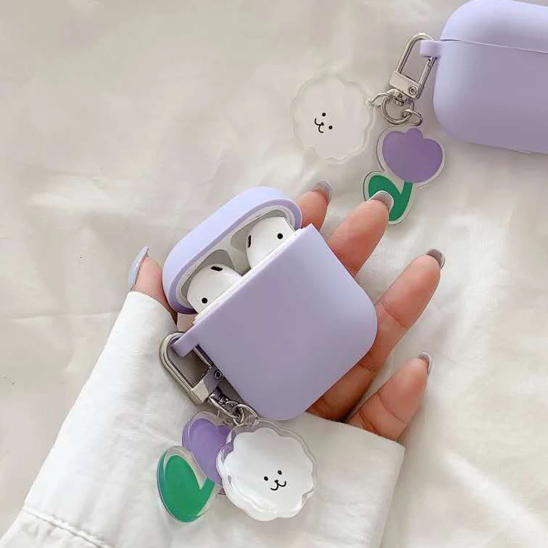 

For AirPods 2 Case Korea Cute Bear Cartoon Case air pods luxury Flower Keyring Silicone Earphones Case for apple air pods cover