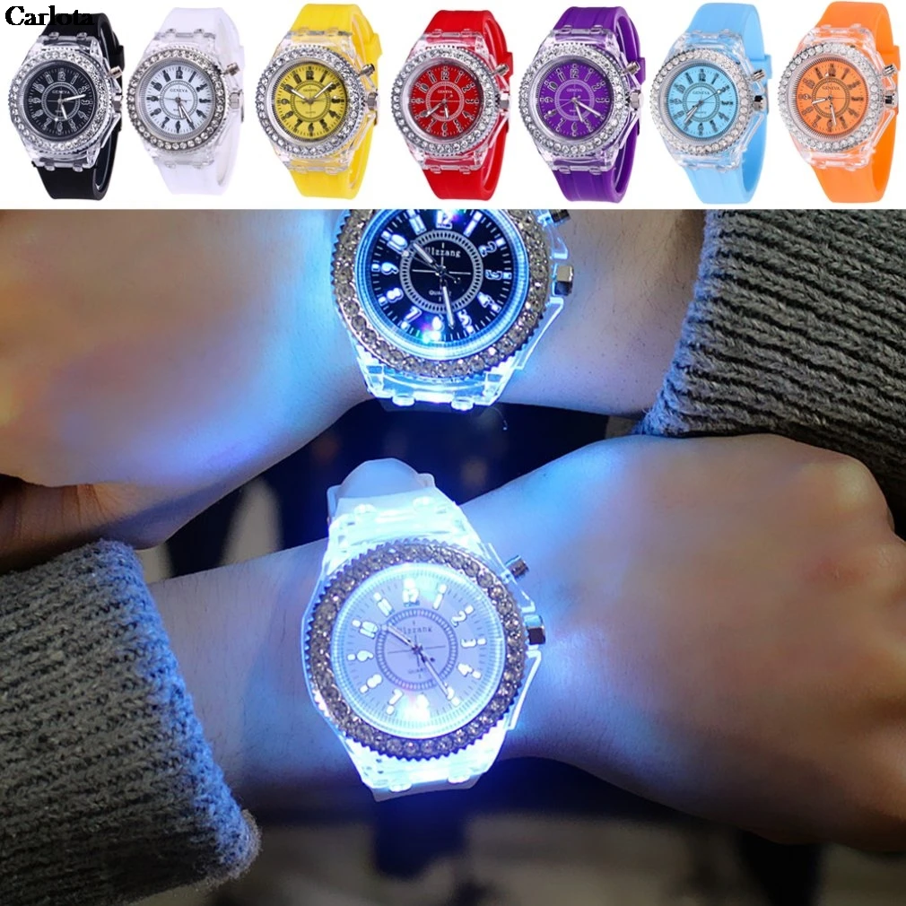

8 Types Colorful Rhinestone LED Sport Watches Luminous Glowing Women Quartz Watch Ladies Silicone Wristwatches