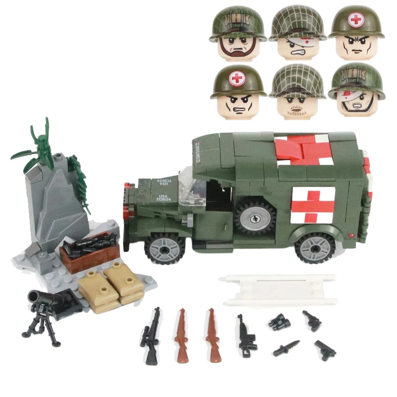 WW2 Military US WC54 Krankenwagen Bausteine Verwundeten Soldaten Medizinische Figuren Bahre Waffe Gun Helm Teil Ziegel Spielzeug Kinder