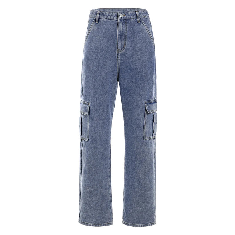 

Weekeep Pockets Patchwork High Waist Jeans Women Streetwear Straight Jean Femme Blue 100% Cotton Cargo Pants