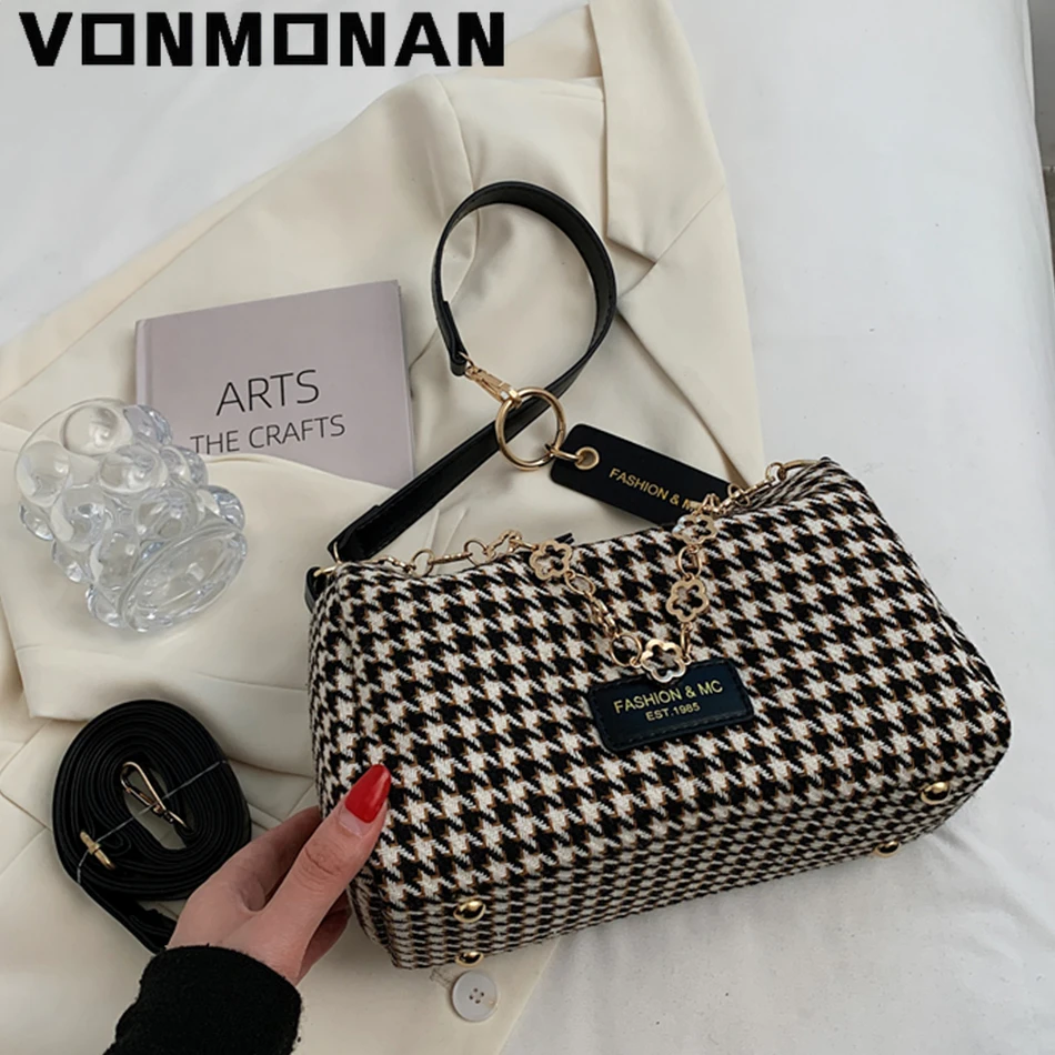 

Chain Houndstooth Shoulder Bags Woolen Cloth Crossbody Bags for Women Luxury Designer Handbags Purse Branded Boston Sac A Main