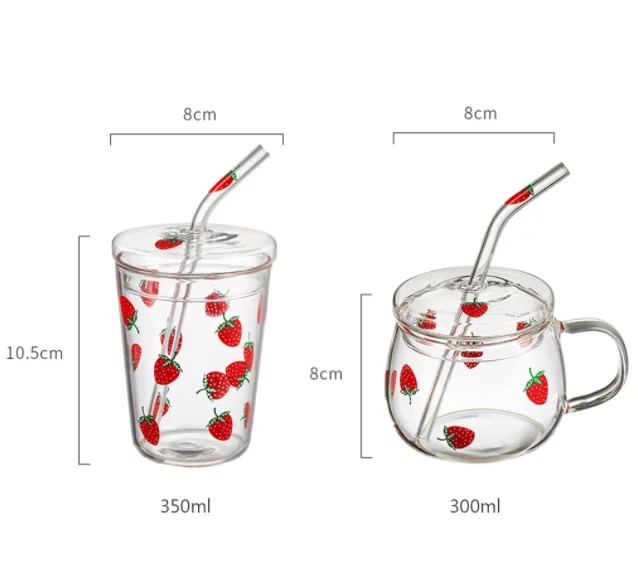 

Kawaii Strawberry Glass Mug With Straw Creative High Temperature Resistance Clear Glass Water Cup Household Milk Juice Cups