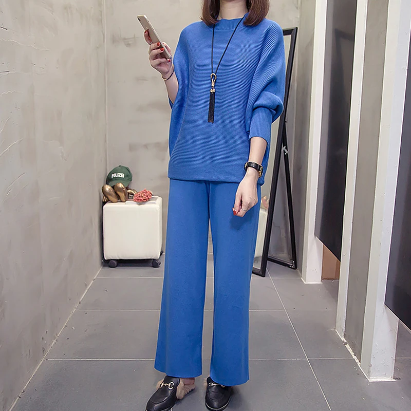 Черный вязаный костюм женский теплый комплект из 2 предметов брюки костюмы и топ