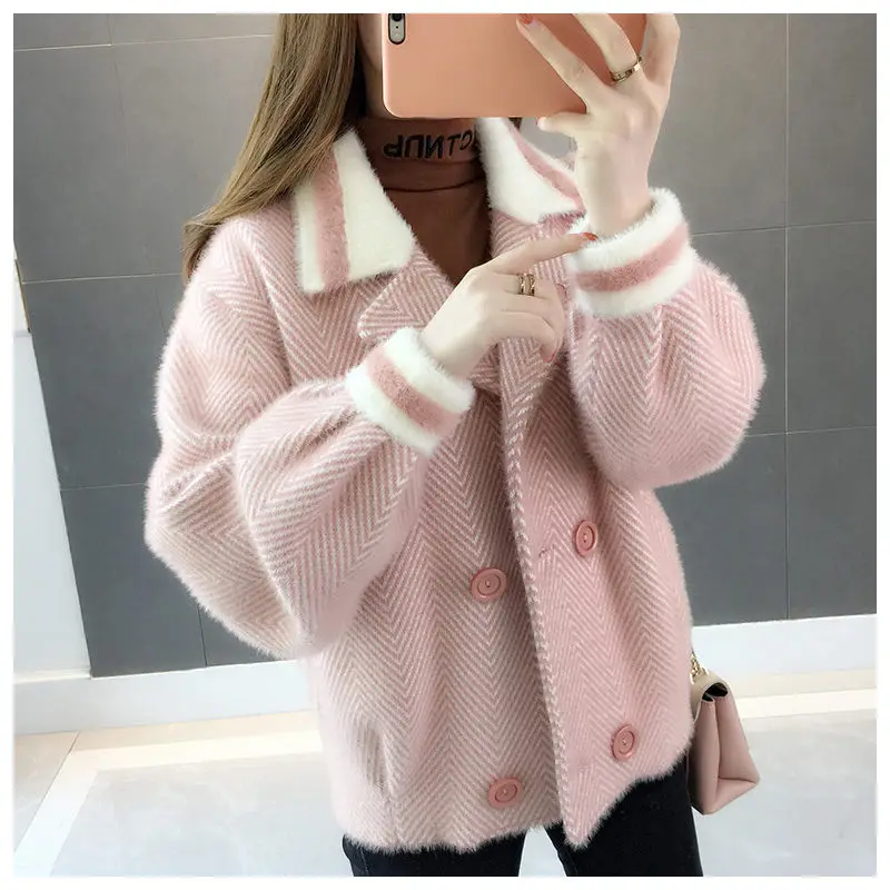 

Double Breasted Spring Coat Women Sweater Knitted Mink Jacket Women's Short Section Pretty Herringbone Woolen Cardigan f2709