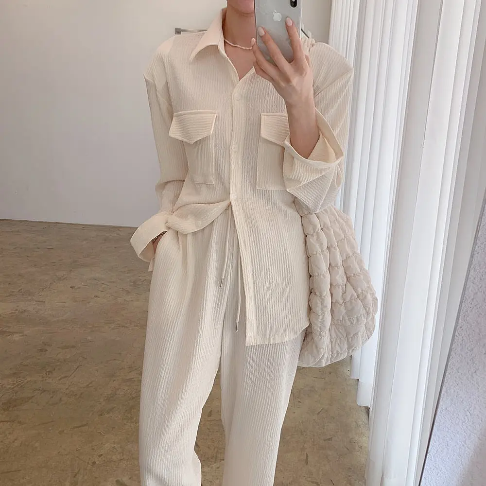 

Spring Autumn 2 Piece Sets Ladies Office Outfits Shirts And Wide Legs Trousers Women Sets Suits Loungewear